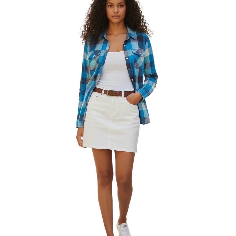 ❤️2/$12 Old Navy Plaid A Carreaux Sheer Blue Navy Mint Button Down Top, Sz M